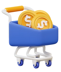 Carrinho de compras em estilo 3D com moedas