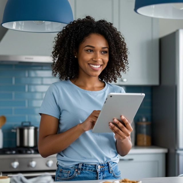 Mulher usando tablet para acessar serviços financeiros digitais